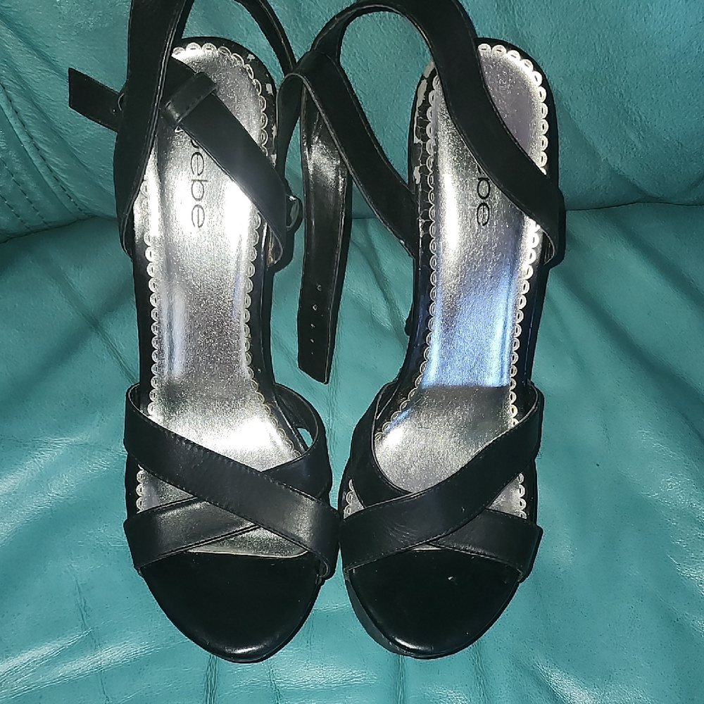 Bebe Black Strappy Heels with Silver Accents